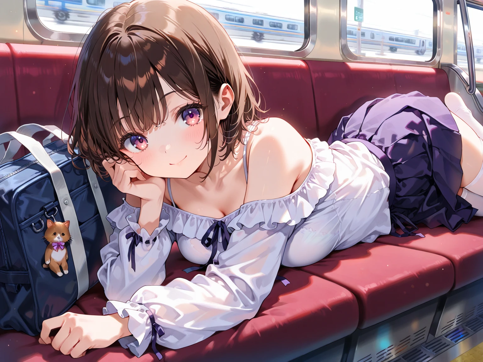 NSFW,Amica、ponytail、Hair Ribbon、clavicle、Off-the-shoulder sweater,Micro Mini Skirt,Heel,(Perfect hands),(Perfect Anatomy),(masterpiece),(Highest quality),Embarrassed,blush,(train:1.5)