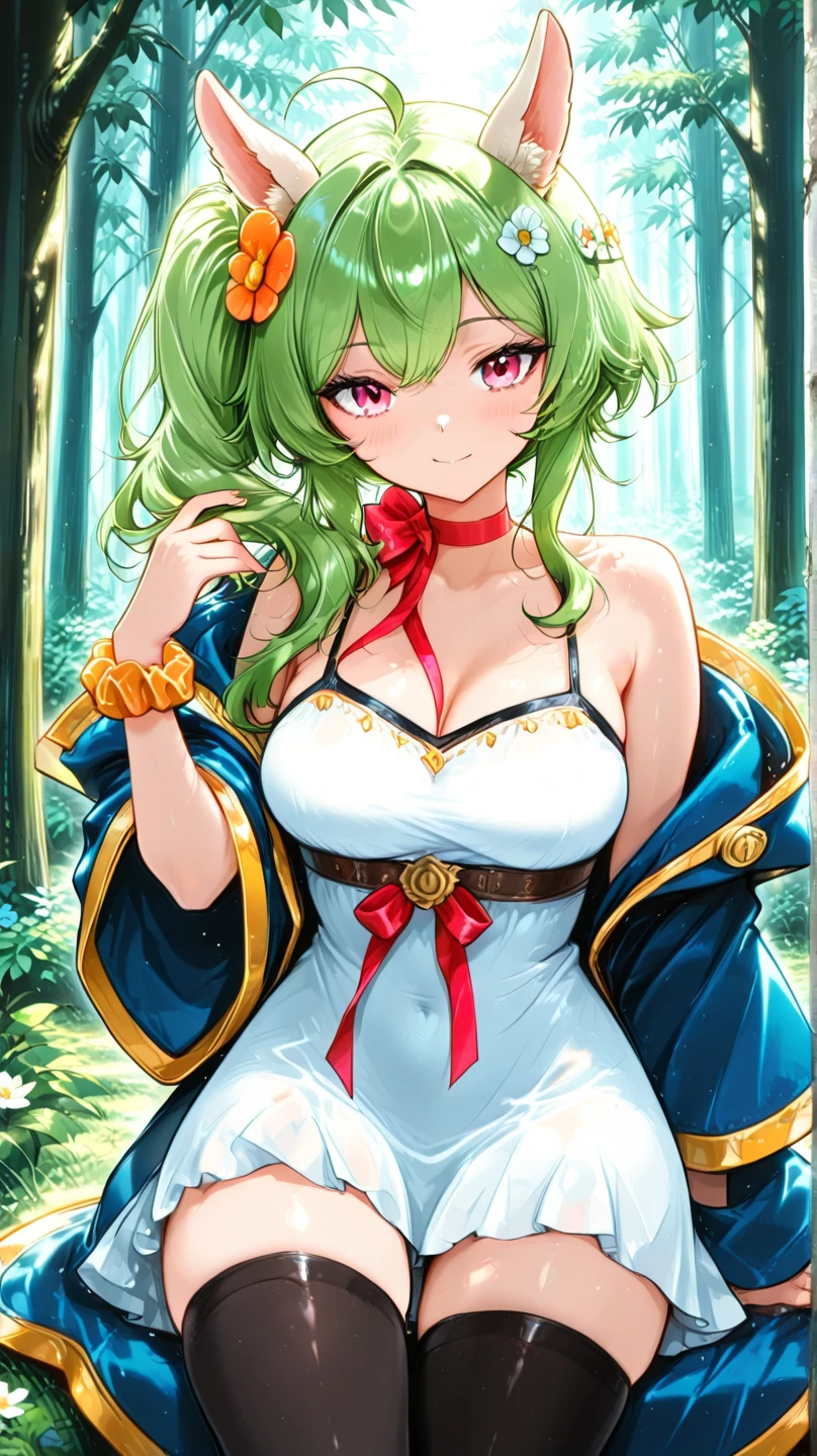 ((((Highest quality)))), ((masterpiece)), ((detailed)), (High resolution),(((high resolution))),((High Quality)),anime , Cute beautiful girl、child、Green Hair、Ahoge、Medium Hair、Purple Eyes、detailedな瞳、(((bouncy big boobs)))、((Perfect body))、(Thighs)、((Marching costumes))、treetscape