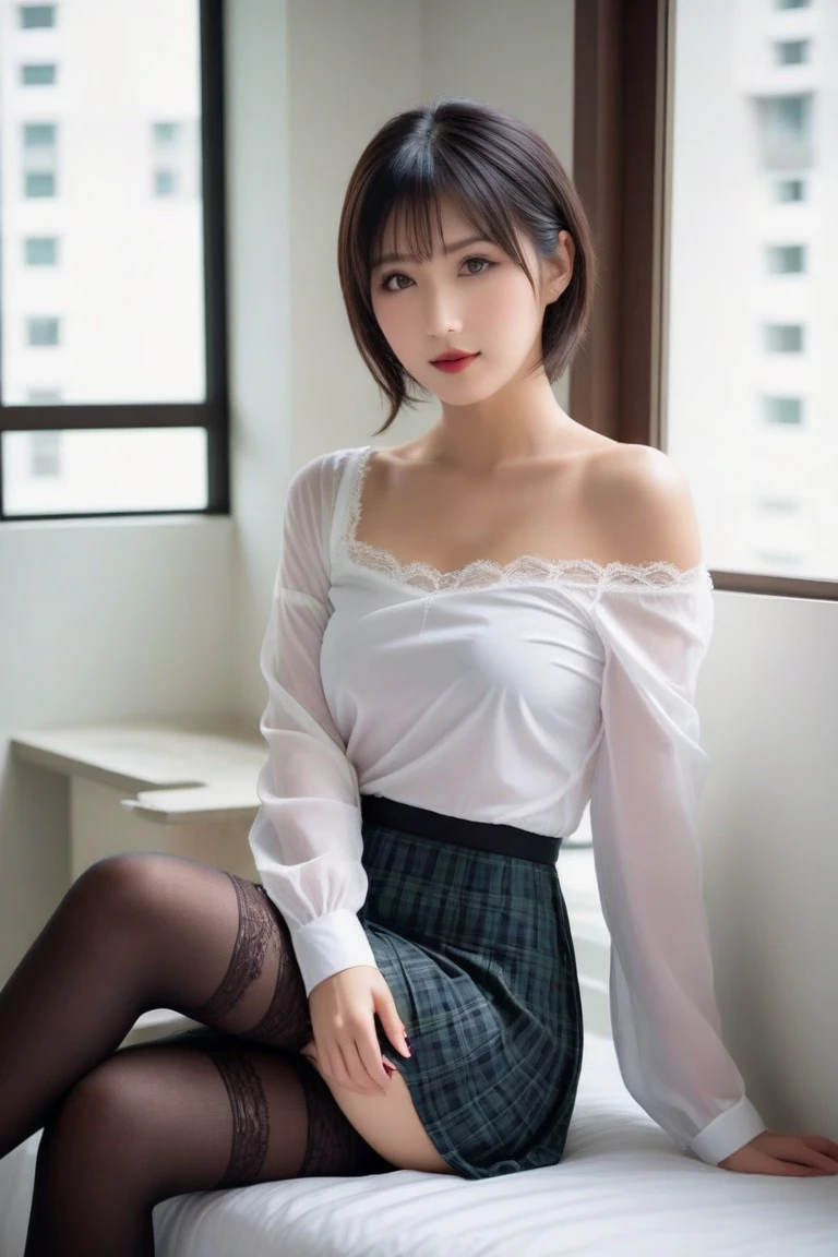 Mallory Malone's costume description is very detailed, Unique and interesting style. In a white long-sleeved blouse of your choice、A fitted black knee-length skirt with red accents creates a striking visual contrast. The addition of a black heel with ankle strap is、Adds a classy touch to the look. Apart from clothes, Vintage 1950s Bob Hairstyles、Adds a retro and timeless element to Mallory Malone's style. This type of hairstyle is、Known for its neat and short appearance, Typically、Jaw length with both ends turned inward. This hairstyle selection is、Add a vintage touch to the look、Complements Mallory's overall style. Makeup also plays an important role in the appearance of Mallory Malone. Although there are no specific details about makeup mentioned in the description, It is possible to imagine that she may be rocking a 1950s-inspired look.Happy,I see underwear,taking off shirt,Chest exposed,