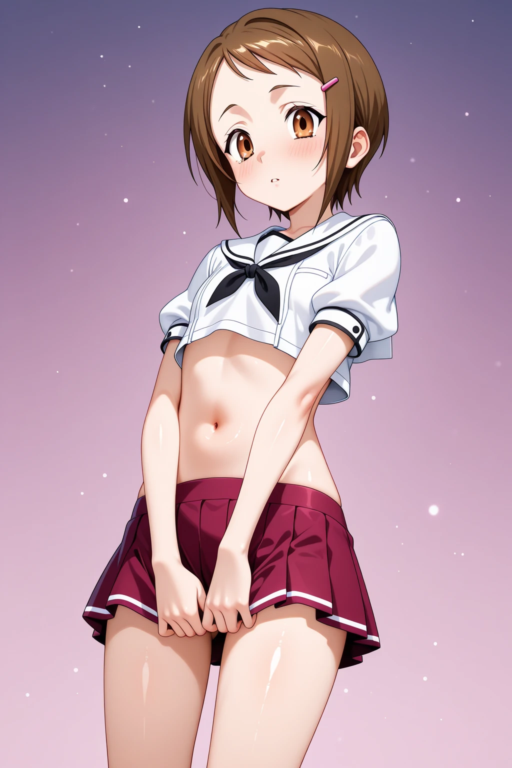 ikazuchi (KanColle)Default(super flat, flat shading), 1 girl, I&#39;m 11 years old，baby face，small sweater，(naked),very short stature，very thin limbs，strong sunlight，positive，small，Petya pie、Precise and detailed reproduction of the ultra-thin thigh skirt，fine clean cracks，small ，school playground，smile，(Always accurate, Detailed and clean fingers:1.3)，blush very much，summer vacation，bright，bright色, anime style picture, ghibli style,bra,panties,skirt lift,,((nsfw))