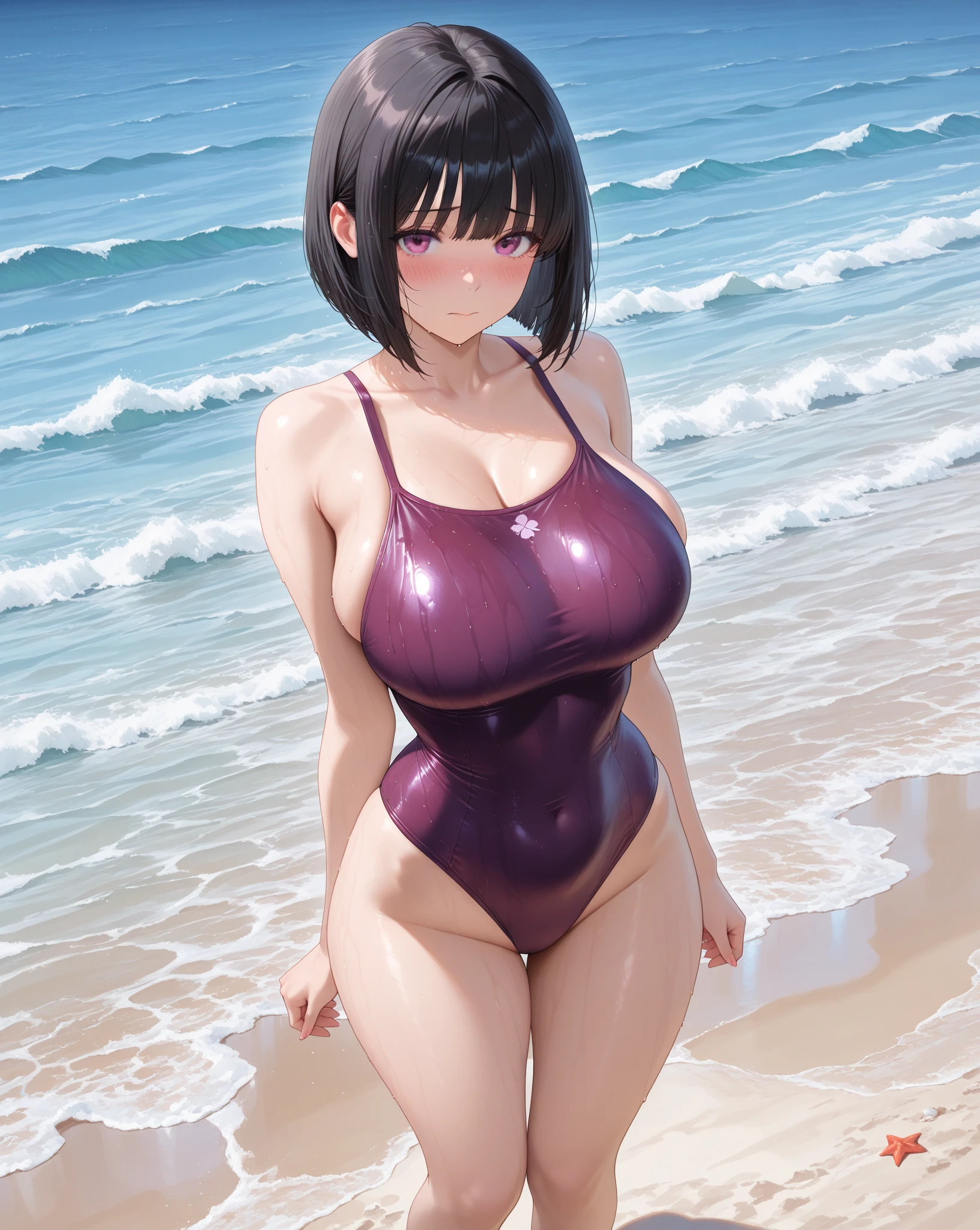 8K、An ultra-high picture quality、Best Quality、Finest quality、Highly detailed image quality、beach, Realistic Woman、Outstanding smile、Japanes woman、1 girl、45-year-old woman、married woman、shy laugh、standing, (Voluptuous body:1.2)、a navel、black hair、Shiny skin、Oiled skin、high gloss skin、Huge breasts、(knee high socks, Glossy metallic swimsuit with random colors, Ultra-thin smooth fabric swimsuit, competition swim suit:1.2)、looking at viewer、