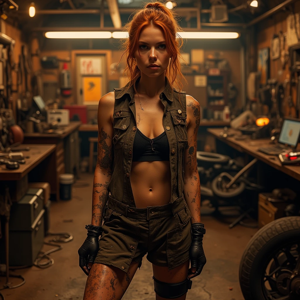 Mujer arafed en Bikini sosteniendo un par de tijeras., Bikini + tattered military equipment, model wears technical vest, profile picture, dressed in sci-fi military armor, portrait, amaranth, with rifle, advertising cosplay, dieselpunk soldier girl, in a post apocalyptic environment, better known as amaranth, Postapocalyptic style