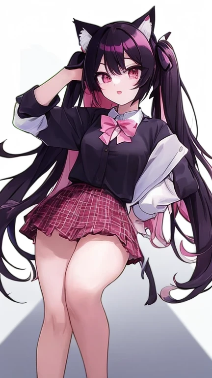 masterpiece, best quality, ultra detailed, 1girl, dark skin, twin tails, pleated skirt, thighhighs, cardigan, show striped panties, skirt fluttering in the wind,