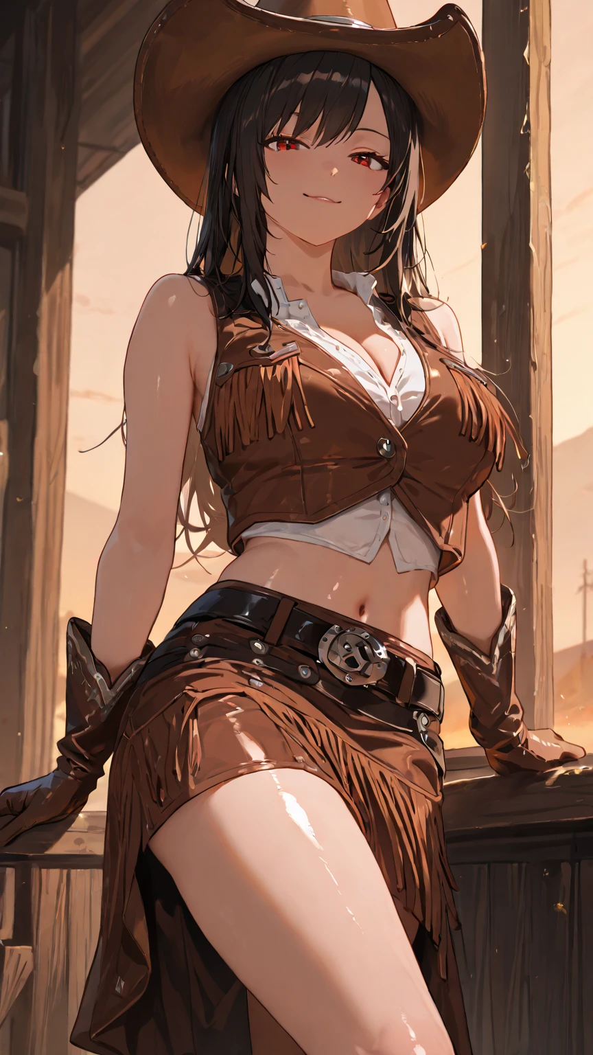 Generates a woman dressed as a cowgirl with brown suspender ,gunbelt  and bandana black clothing and her genitals visible topless nude  and nipples big-boobs smile  same person no chance