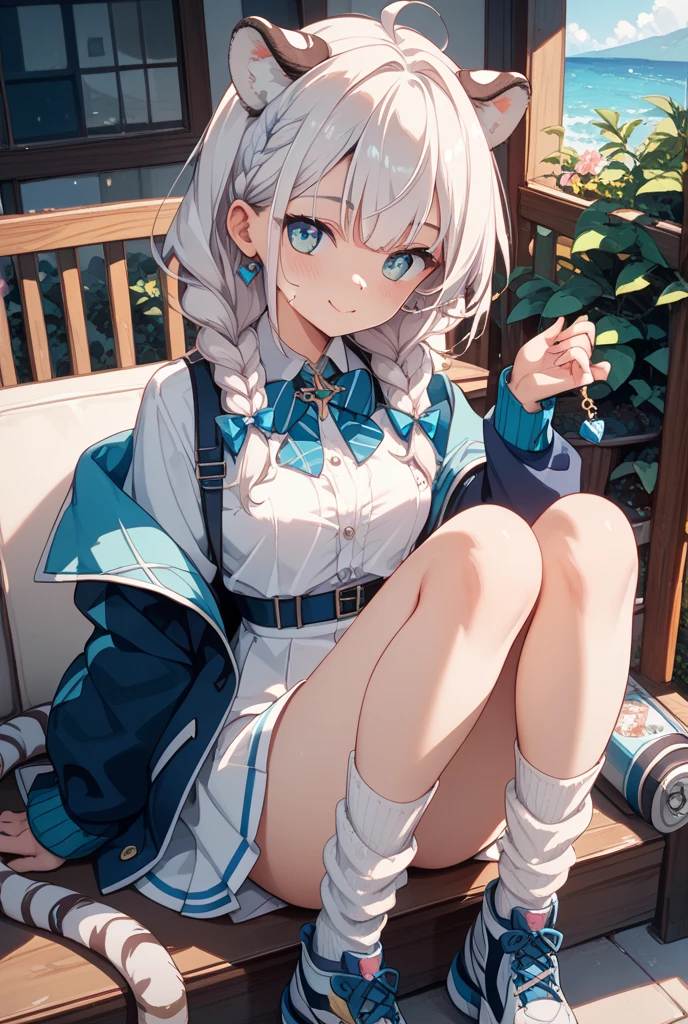 1girl, perfect face, white silver long hair, curly hair(light), cat ears, perfect cat ears, blue eyes, blushing, blank expression, white beret, checkered white and blue scarf, winter knitted fleece shirt, white skirt, knee length loose white socks, black sandals