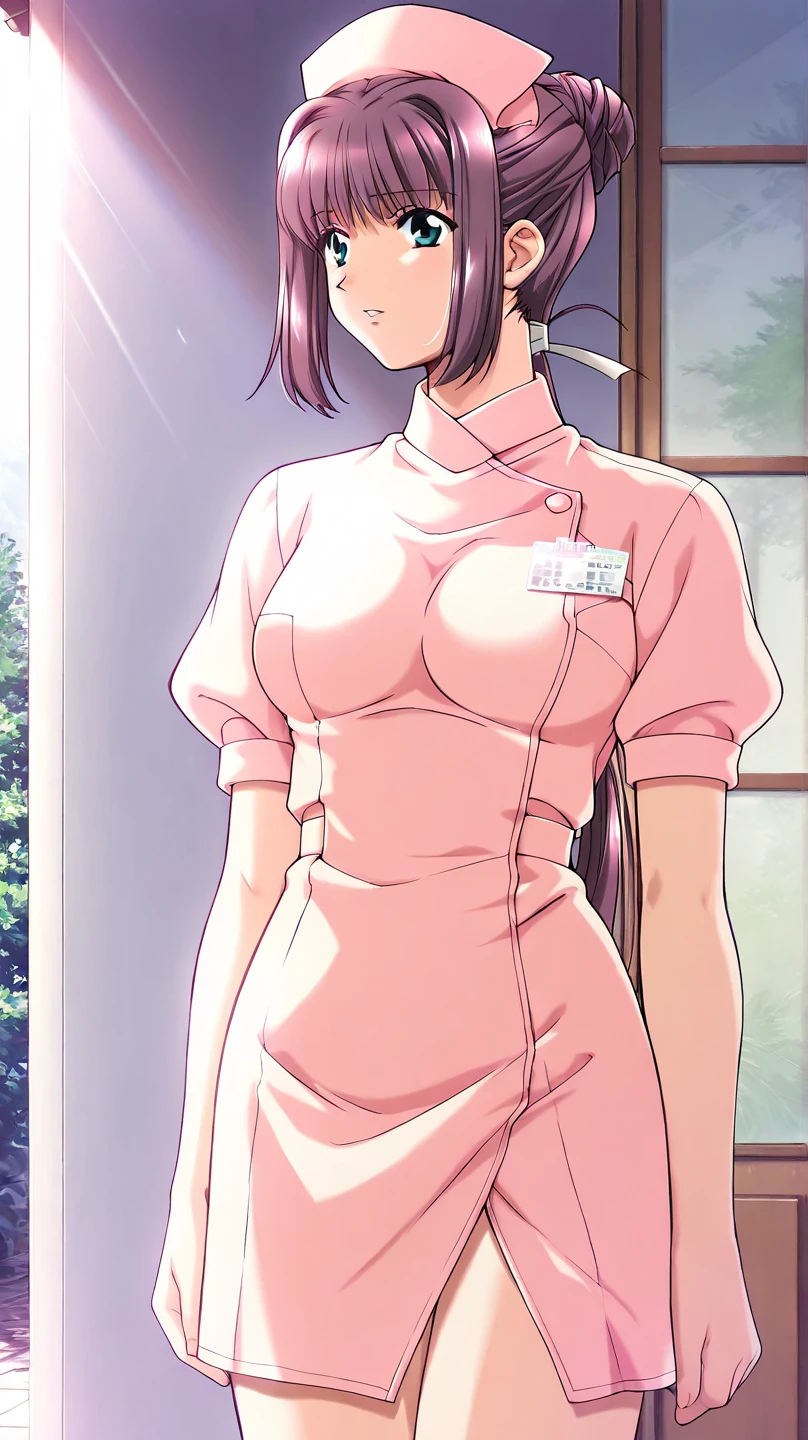 1 Female, alone, nurse, nurse cap, White, ((White legwear, zettai ryouiki)), White gloves, Long Hair, Purple Hair, Red eyes, Pink Lips, smile, Are standing, ((Hospital room)), Sharp contours, Short sleeve, Mature Woman, Age 35, highest quality, masterpiece，Large Breasts