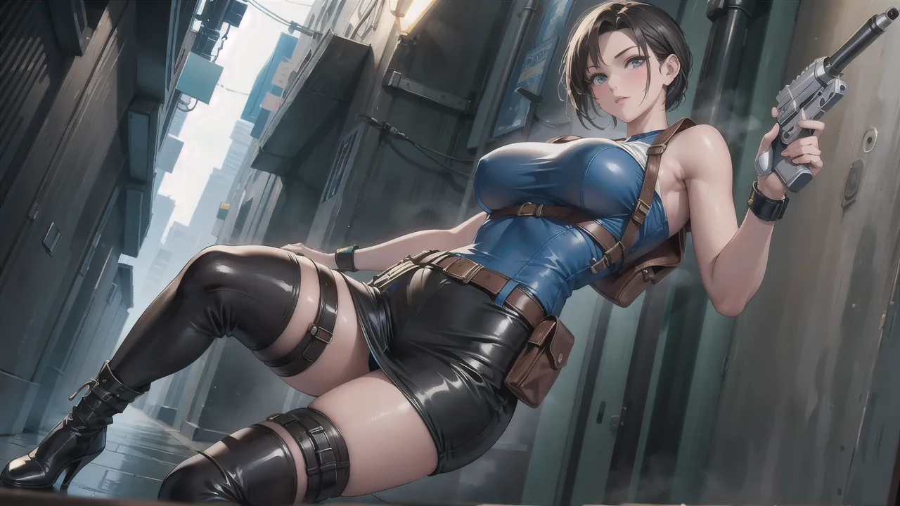 muste piece, best quality, 1 girl,brown hair, (black eye:1.2)、((No sleeve))、((embarrassed expression))、((full moon))、((Photo from below))、(((thigh high boots)))、((short hair))、((mini skirt))、((blouse))、((C cup breasts))、((spread legs))、((Jill Valentine))、(((Brown pantyhose)))