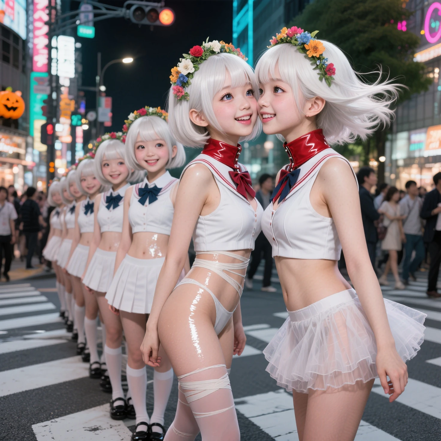 (((SFW, NSFW STILL SHOW, 12 Tiny Girls in a row:1.2, Shibuya Hachiko-mae scramble crossing on Halloween:1.2))), (masterpiece:1.2, (photorealistic:1.37)), {(Standing Full Body:1.2)|(from below:1.2)}, short silver hair, {naked bandage|tutu|School Uniform}, ((Detailed KAWAII face), Perfect eyes, {Detailed Oily Porcelain skin|Detailed glistening tanline:1.2}), {Bustling street|Crossroads|(Passerby schoolgirls)| halloween| neon}, {(Childish:1.2|Gigantic Cleavage:1.37|Underboob:1.2)}, {flower wreath|Red leather high collar}, {Floating hair|Strong wind|((Ass focus))},{(Kissing face to face)|:p|:d|laugh|sparkle|joyful|delighted},extremely Detailed,