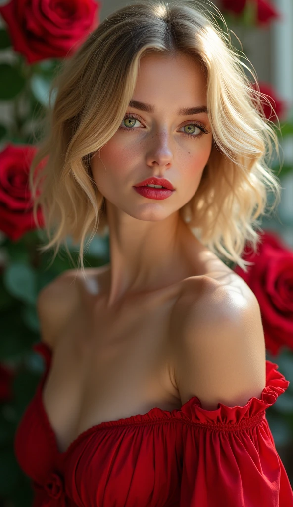 western, flower_dress, hot girl, santorini, greece, looking at sunset, makeup, (masterpiece), best quality, high resolution, extremely detailed, blurred background, depth of field, cinematic lighting. Russian women big pumped lips red lipstick super big fake lips bob cut hairstyle blonde hair big green eyes forehead is slightly arched, giving my face a distinctive shape. It flows seamlessly into my high, defined eyebrows. The bridge of my nose is straight and symmetrical, leading up to a pointed tip. My nostrils are small and delicate, adding character without being overwhelming. My cheekbones are prominent, highlighting my large, round eyes even further. My jawline is strong and defined, giving my face a masculine edge despite its feminine features. My neck is long and graceful, flowing effortlessly into my shoulders. flower garden , big fake lips big size lip big pumped lips red lipstick cleavage sweat in forhead
