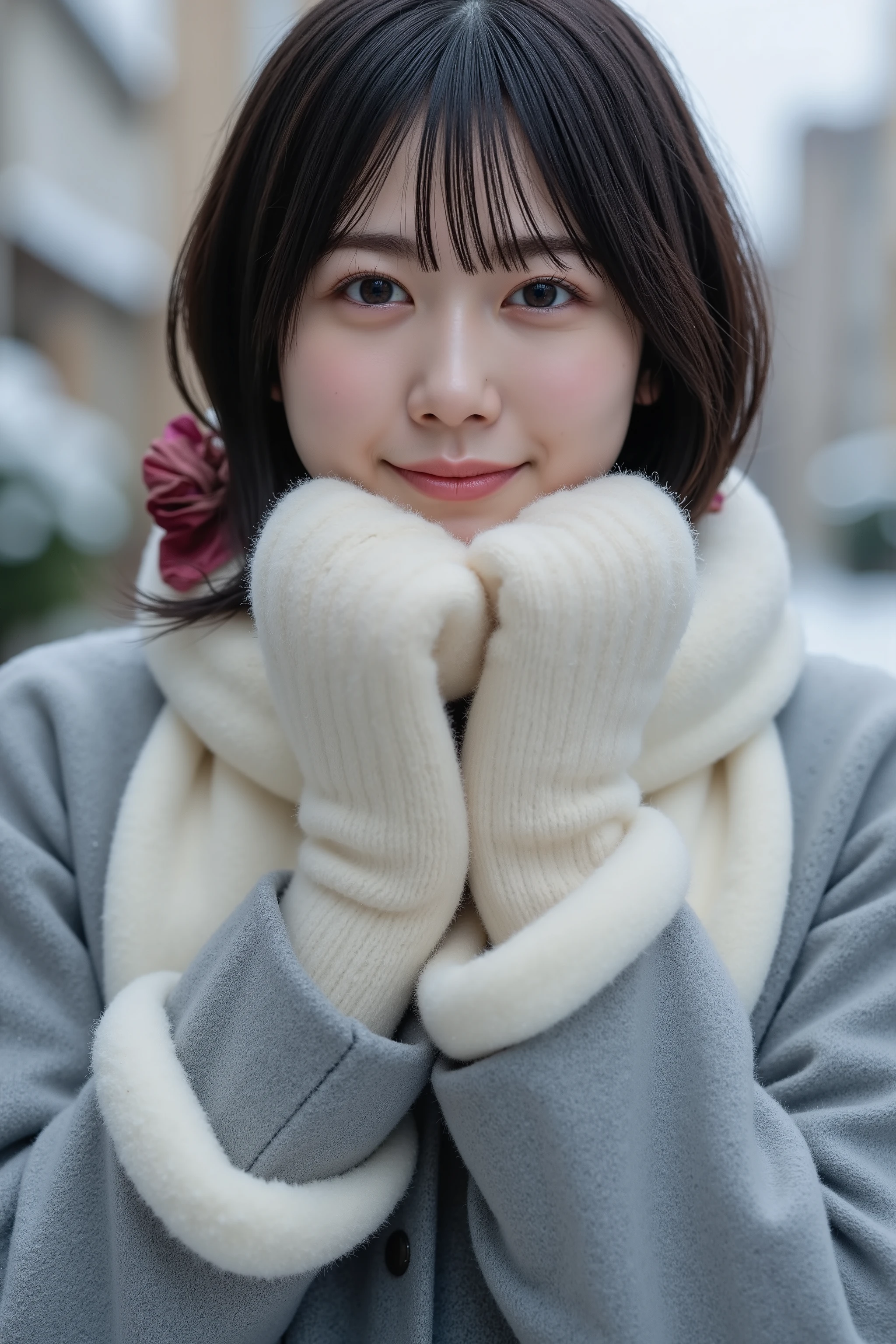 one girl, (a beauty girl, delicate girl:1.3), (16 years old:1.3),
break, (winter, Cute Uniform:1.3),
break, (Street view:1.3), (snowing:1.3), (wool gloves), perfectly trimmed fingers,
break, Very fine grain definition, (Symmetrical eyes:1.3),
break, medium breasts, Black eyes, Parted bangs, Black Hair,
break, (Eyes and facial details:1.0), (Get closer to the face, Zoom in on face, Face Focus:1.0),
break, (masterpiece, highest quality, Super detailed, Detailed face, 8k)
