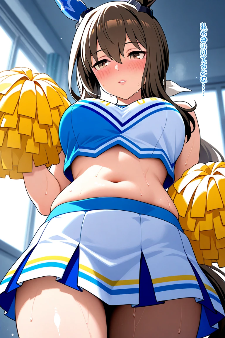 1girl, five fingers, mini Skirt, looking at viewer, twintails, ((best quality)), ((ultra-detailed)), thigh focus, , cheerleader, squatting, legs spread, grin, dynamic angle, from below, fang, cameltoe, steam, sweat, perspired, kneehighs