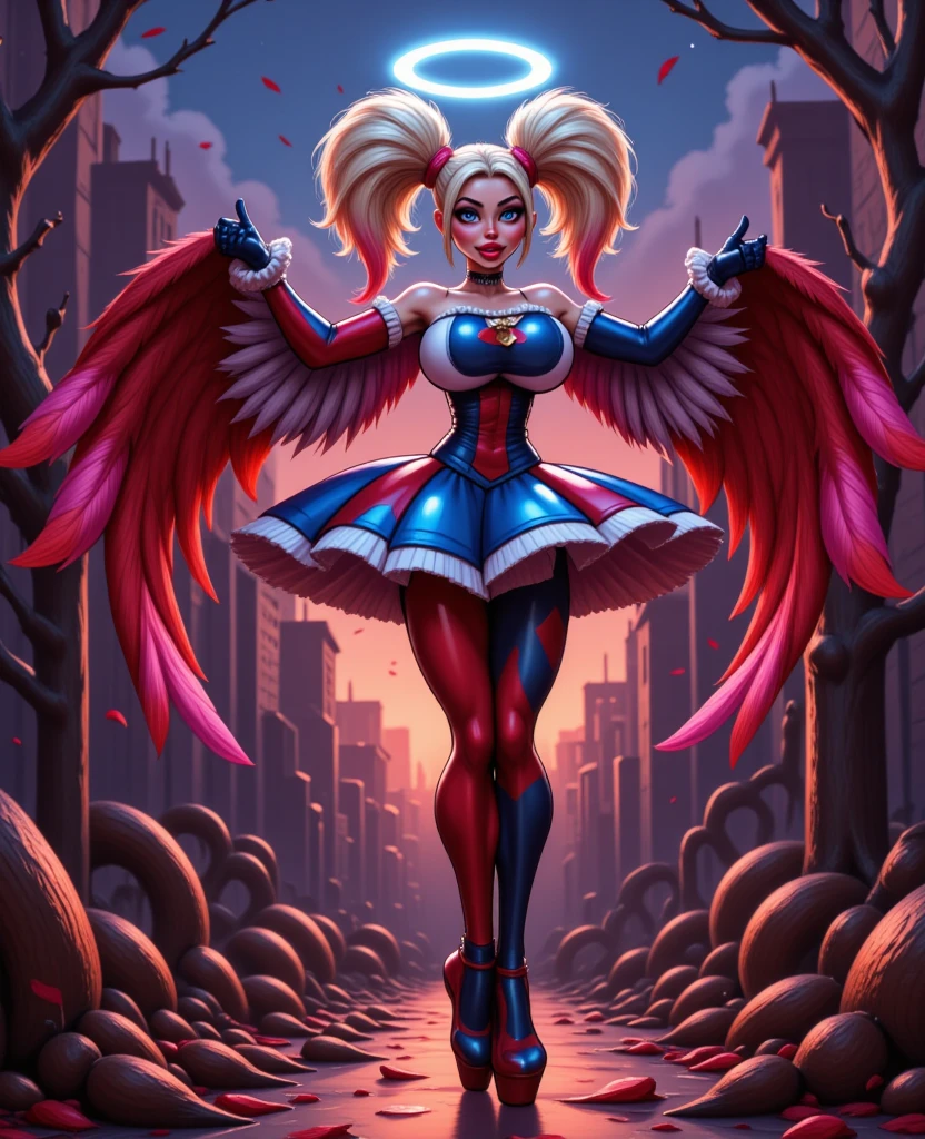 image style levitating suspended in the CEU in the air: low angle shot: the camera is at ease for an angel portrait {MARGOT ROBBIE (Harley Quinn)}, Action { levitating suspended suspended in the CEU in the air }, smooth soft skin, big dreamy eyes, big-ass, swollen vagina, cute hair, whole body, Symmetrical, anime wide eyes , soft lighting, face detailed, Porto Makoto Shinkai, stanley artgerm lau, whoa, rossdraws, conceptual artwork, digitalpainting, looking at the camera
