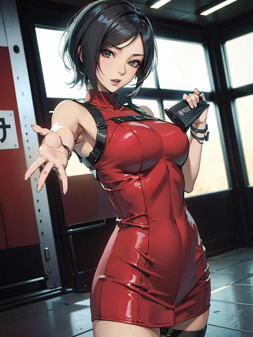 1girl, solo, black hair, short hair, Red eyes, no glasses. In a white bra, miniskirt, closeup shot,, detailed art. Curved , Thick thighs,,  shoulders, scary basement background,, facing viewer, hands on , shiny hair,  . Dark pink painted lips, wet skin,  (extremely detailed face), behind, 8K resolution, super detailed, high quality,,  heart shaped lips.  K-pop pose