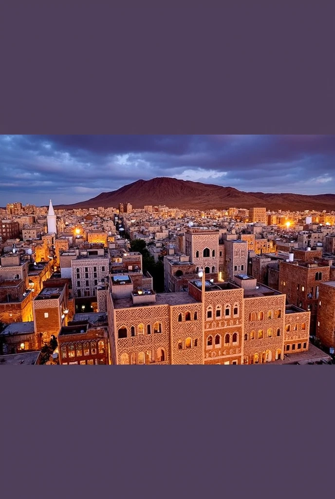 A well-known view of a city with a mountain in the background, mountains and the old city of Sana'a, a city in Yemen, buildings in a city on the horizon, a city with pure colors, a beautiful city in Yemen, the scene of the city of Sana'a at sunset, the People's Mosque in Sana'a, the old city of Sana'a illuminated by stars at sunset, a Yemeni city, a beautiful city, a city in the background, an ancient Yemeni colorful historical city, Yemen, Yemeni architecture, Yemen heritage Sana'A is my soul, Yemeni architecture