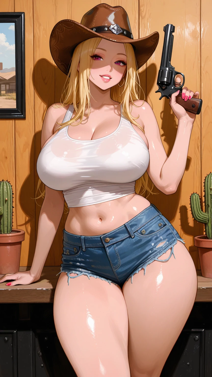 Tsunade Senju, ((bimbo))), long blond hair, cute smile face, puffy lips, painted lips, thick lips, wide hips, thick thighs, huge ass, craving lust face , enormous huge natural breasts, cleavage, mature mom, in a barn, cow bikini, picture from above