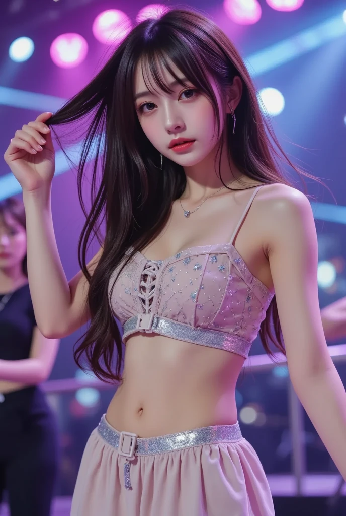 ((masterpiece)), ((best quality)), ((ultra-detailed)),((hyperrealistic)),shiny skin,1girl,,(((swept bangs))),hair intakes ,black hair,long hair,straight hair,ponytail,sidelocks,sideburns,((dark purple eyes)),medium breasts,14 years old,(akb48,miniskirt,thigh gap),dynamic angle,stage,from below,microphone,




