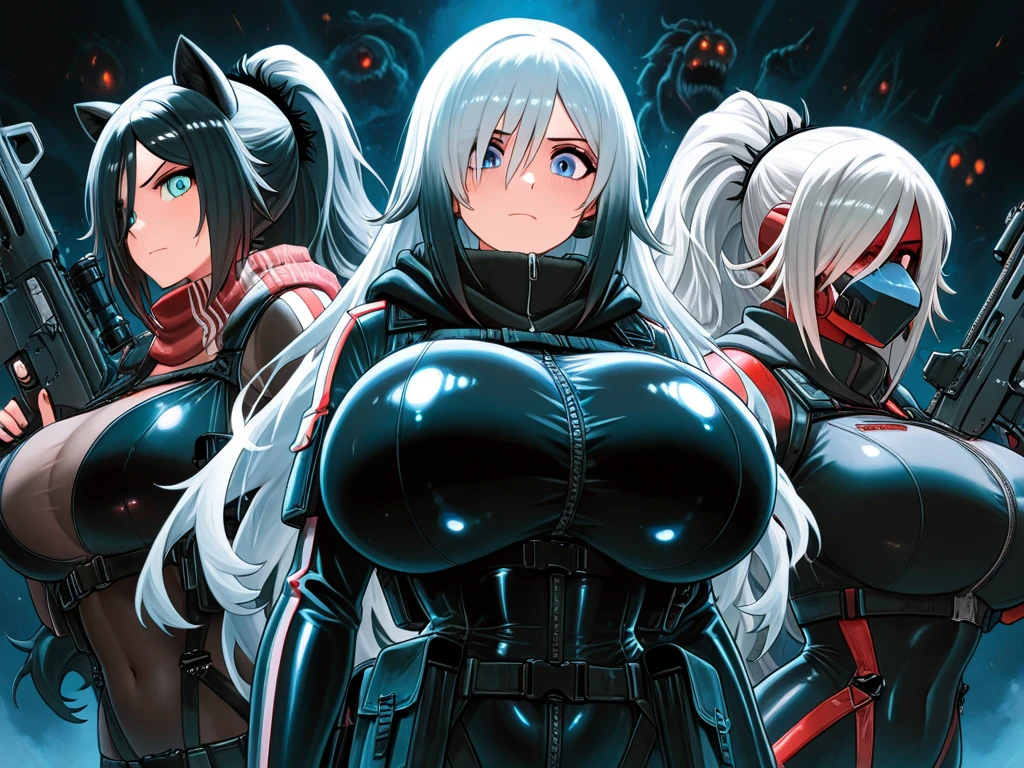 Two serious women wearing black technological dress in combat pose , uma mulher de longos cabelos negros contra uma mulher palida de cabelos brancos longos, peitos grandes, seios grandes, buceta, bunda grande, two woman vs, seios grandes gigantes, decote, agressividade
