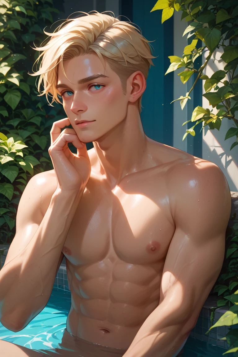 A young boy with white hair,fair skin,handsome,The triangle briefs are wet, so I took half of them off.,裸上半身Soaked in milk,Showing six-pack abs and chest muscles with water droplets on them,Soaked in milk,纖細長腿Soaked in milk,The bottom highlight is very large and dripping,Soaked in milk,Tilting their head back, they wore an expression of comfort.,hands on the floor,covered in milk,There's milk on your face too,身上Soaked in milk,Complete character,To the light