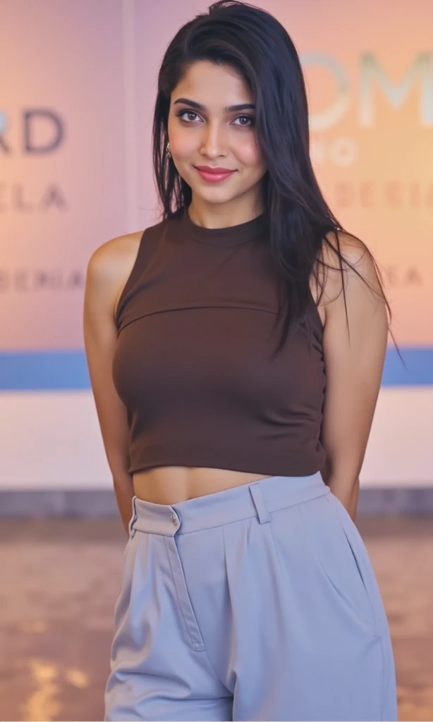 3/4 shot of a young woman in crop top, skirt and thighhighs, dynamic pose, smiling, detailed face, alley background, skin details, intricate details, muted colors, cinematic, grain, sharp focus, best quality, masterpiece