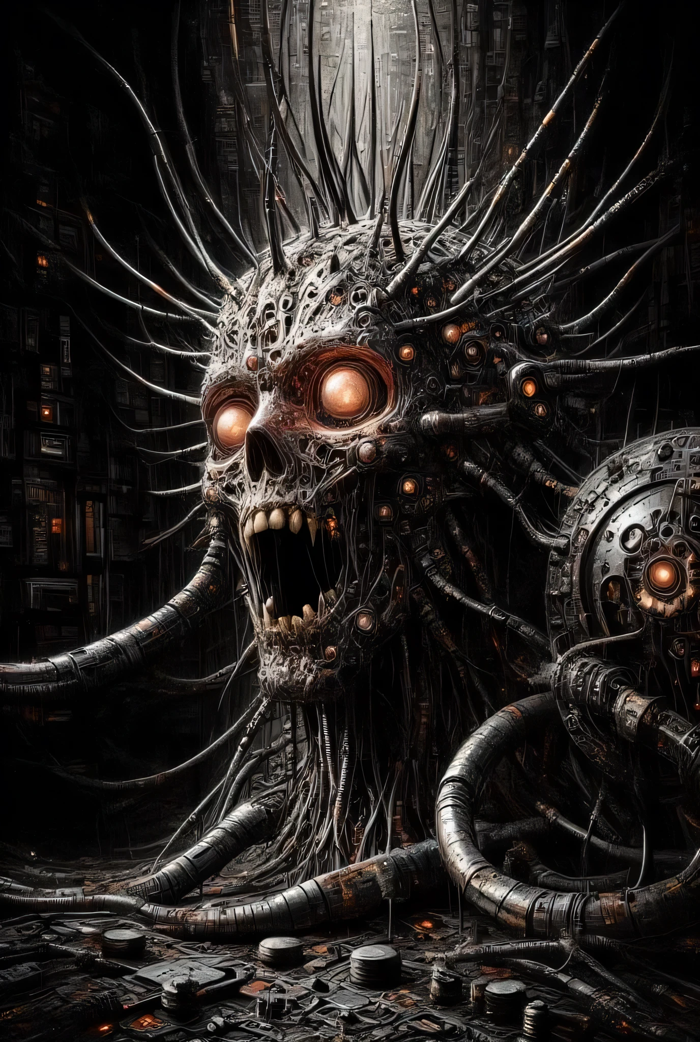 Hellraiser, Cyborg Pinhead, macabre horror, darkness background, high detail, masterpiece.