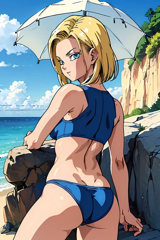 source_anime, score_9, score_8_up, score_7_up, anime screencap, detailed face, android 18, supertop, 1girl, solo, looking at viewer, short hair, blue eyes, blonde hair, collarbone, hoop earrings, beach, blue bra, blue panties, undressing pants, down track pants, pink pants, standing, back view, big breasts, sexy hips, big ass, thick legs, sexy body, holding ass