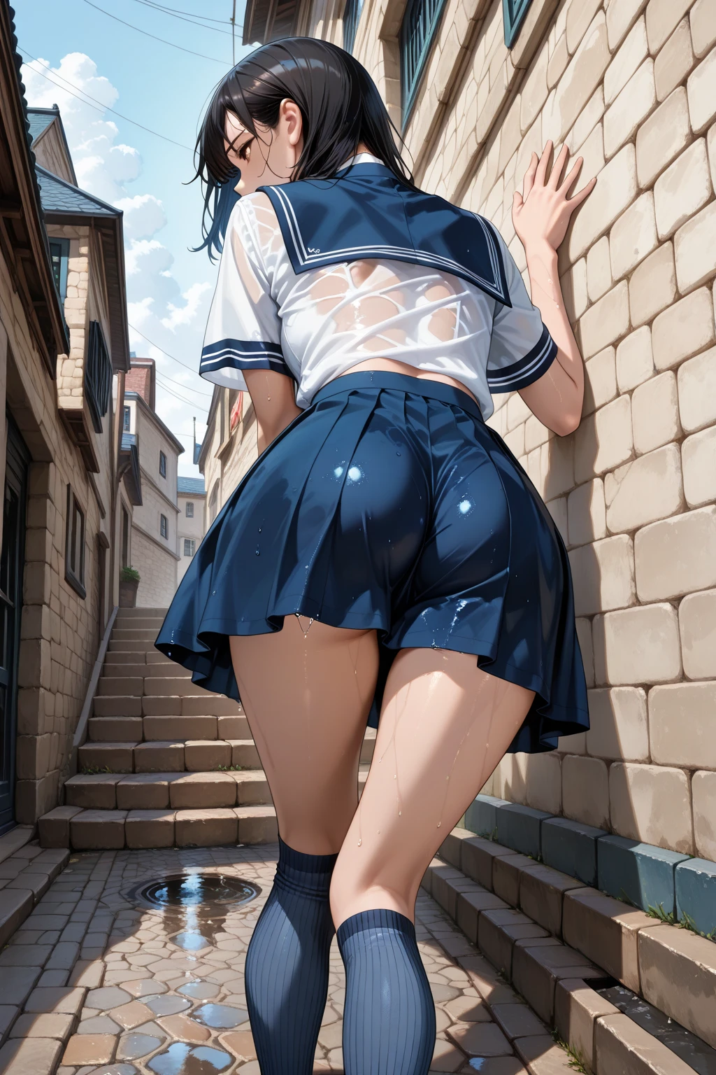 Shooting from behind、Shooting from directly below、Cinema Lighting、Highest quality、Station stairs、Photo taken from the bottom of the stairs、Station stairsを歩いて登る女の子、Huge breasts、Beautiful breasts、(Kitagawa.Marine)String panties、Panty shot、high school girl、orgasm、Bukkake、whole body、Walk up the stairs、、Ass