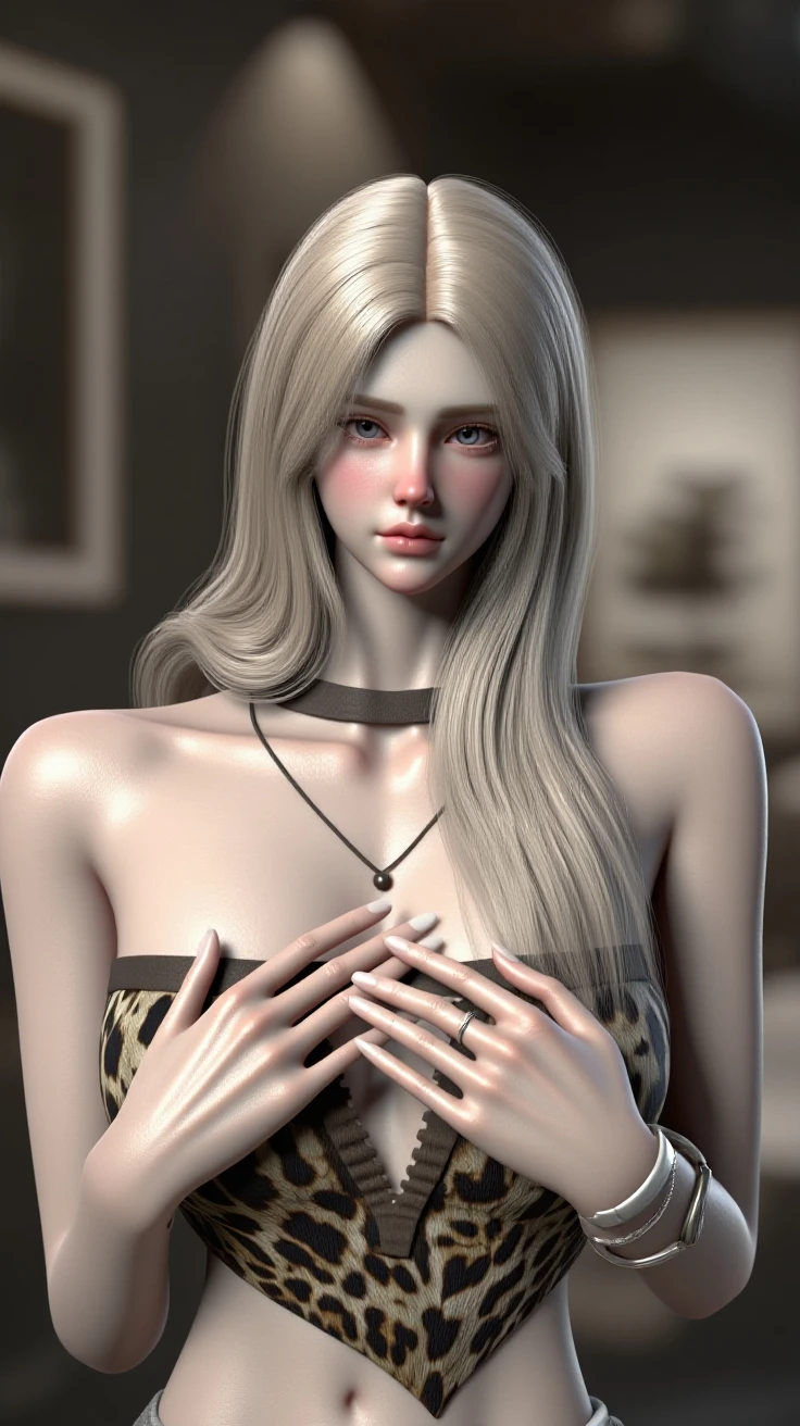 A realistic rendering of a Vladyslav Yerkot style illustration of a very close shot, ultra close shot on the breasts of two pert, nubile, thin, freckled teen girls with 50s style, very short sandy blonde hair, bows in hair, topless, best quality, tiny breasts, bare breasts, small breasts, bare crotch, exposed crotch, pink nipples , puffy nipples , exposed nipples , wearing pink bondage straps, black, spiked choker necklace, a silver chain wrapped around body, open, white blouse, white lace collar, pastel lace, pastel lace straps under nipples, pastel lace straps under breasts, open light blue, fuzzy sweater, undressing, uniform, partially clothed, silver art deco design background, ultra close shot on breasts