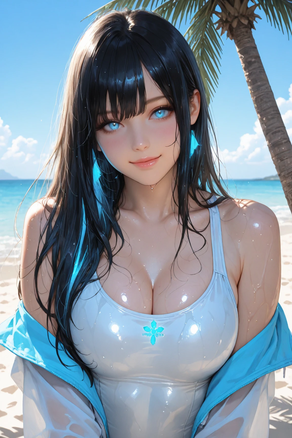 Closeup of marinette, miraculous lady bug, dark blue hair and blue eyes white skin black eyeliner, beautiful and detailed face with voluminous and red lips, slender body with large, heavy breasts , Nipples , transparent wet transparent t-shirt, micro tanga, view from below, sun ,blue sky with white clouds in paris, 
