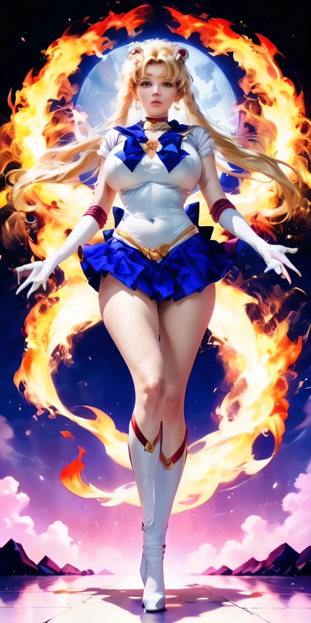 ((best quality)), ((Masterpiece)), (Highly detailed:1.3), (Handsome and Menacing Face: 1.2), 1girl, perfect legs, detailed eyes, perfect body, hd, (Extremely Detailed CG: 1.3), Depth of Field, Cinematic Lighting, Lens Flare, (Dramatic Atmosphere and sinister: 1.5), (formidable figure: 1.4), standing confidently, (large and imposing frame: 1.1), (very complex and realistic texture: 1.2), (best quality, 4k, 8k, high resolution, Masterpiece:1.2), ultra detailed, (realistic, photorealistic, photo-realistic:1.37), luminous eyes, glowing sinisterly in the dark, masterpiece, high quality image , clear, defined face, ((perfect hands)), circlet, jewelry, earrings, choker, sailor senshi uniform, red bow, white gloves, elbow gloves, blue skirt,