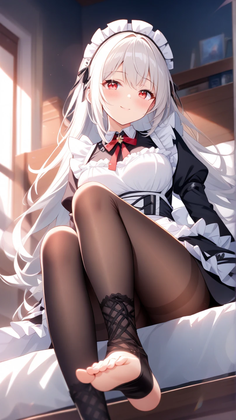 Masterpiece((tmasterpiece)),White color blouse((black micro skirt)),((White transparent stockings)),(No shoes on),adolable,Raised sexy,Sunset,(Long white)Hair,red colour🎀