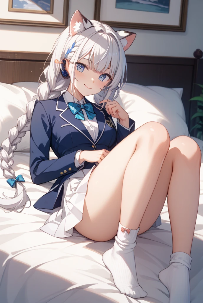 ((masterpiece、Highest quality、Very detailed))、One girl、((Brown skin:1.3))、Blonde、Long Hair、blunt bangs、Wavy Hair、Grey Eyes、evil smile、((lots of piercing))、((Small breasts))、((Collared shirt))、((light brown sweater vest))、((white panties))、kneeling、On the bed、Bedroom Background