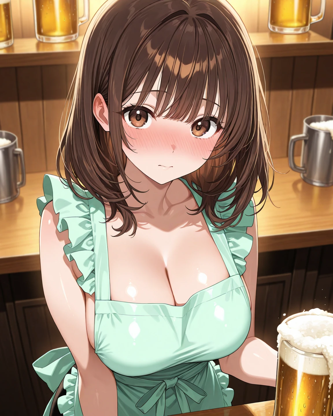 nsfw, masterpiece,highest quality,Stylish western style cafe,female Cafe staff,Laughter,Bright atmosphere in the store, highest quality、8K masterpiece、超A high resolution、(Photorealistic:1.3)、RAW Photos、(1 female), ((brown hair, Low Ponytail:1.6)), Glowing Skin, Cafe staff, stylish, (((Naked Apron)))、((Ultra-Realistic Details))、Portraiture、Global Illumination、Octane Rendering、In 8K、Ultra Sharp、Very intricate detail、Realistic Light、CG Social Trends、Beautiful Eyes、Shining Eyes、To the camera,((huge breasts, saggy breasts,exposed breasts)), (blush:1.3,embarrassed:1.3,sweat:0