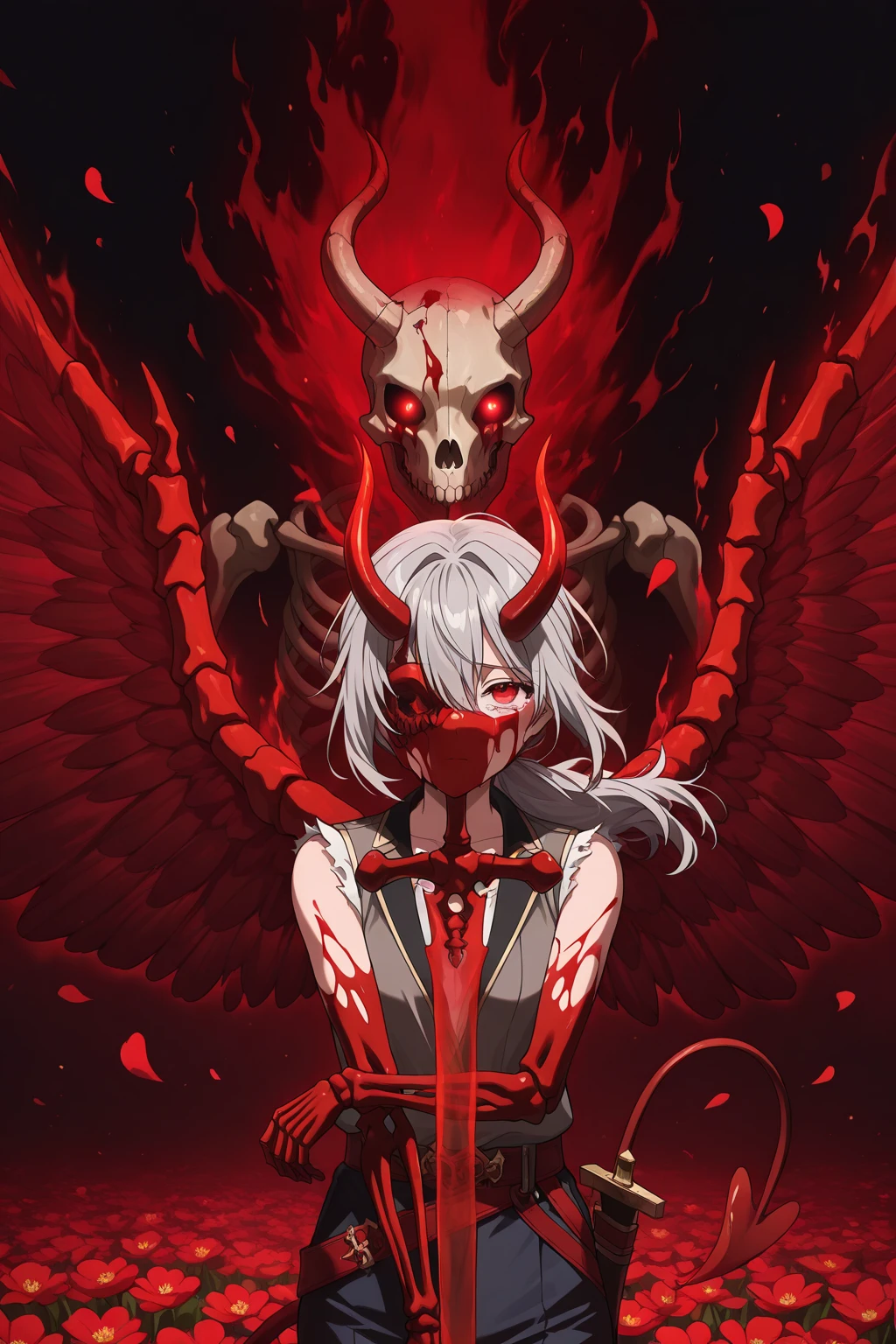 ashenhard style,masterpiece, best quality, award-winning photograph, 4k res, (succubus), (blood:1.4), realistic, horror, (church), ((bath)), nipples, (unholy bodymarks:1.3), cursed tattoes,