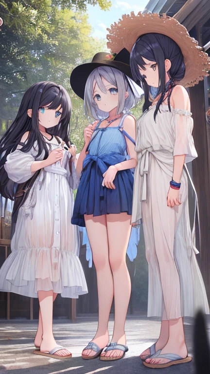 Highest quality,Unity 8k wallpaper,1peopleの,1people,,Glamorous Body,cute,smile,Emerald green eyes,Black Hair,long hair,Bust Shot,people差し指に蝶々,On the fence,Cross your arms,A pale pink dress,Straw hat on the head,Summer in full swing,