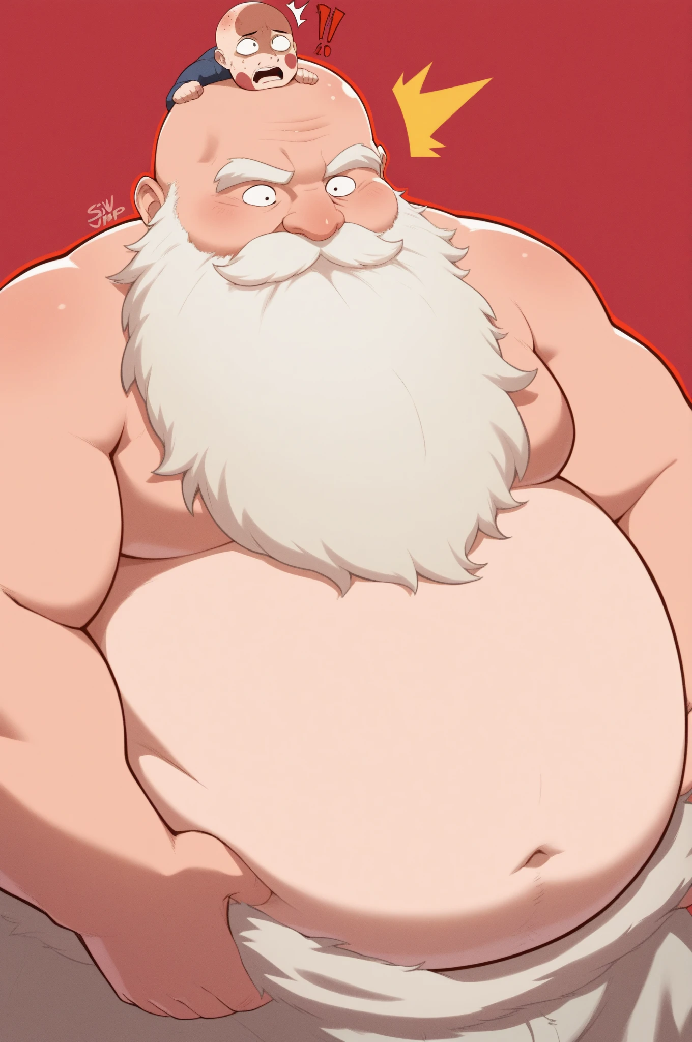 fat daddy, hot daddy, a smiling ((obese old man, chubby, big fat, massive belly, massive fat), detailed realistic portrait, 8k high resolution, topless, sumo physique, perfect center, full view, realistic skin texture, wrinkled face, short hair, thick mustache, white hair, bearded, jovial expression, huge belly, fat, wearing shorts, high detail, masterpiece, (best quality,4k,8k,highres,masterpiece:1.2),ultra-detailed