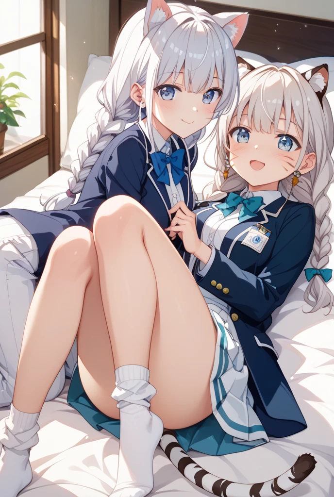 ultra-detailliert, Best Quality, High resolution, ((Two cute girls hugging each other)), catch light eyes、Looking at Viewer, pale skin, Petite,(Naked sailor suit)、(Bottomless)、 (A dark-haired)、(flat chest), (Glasses), (blush:1.2), Blue eyes, An embarrassed smile, NSFW, knees up、Classroom、Spread your legs apart、Focus on the face、 (Long hair)