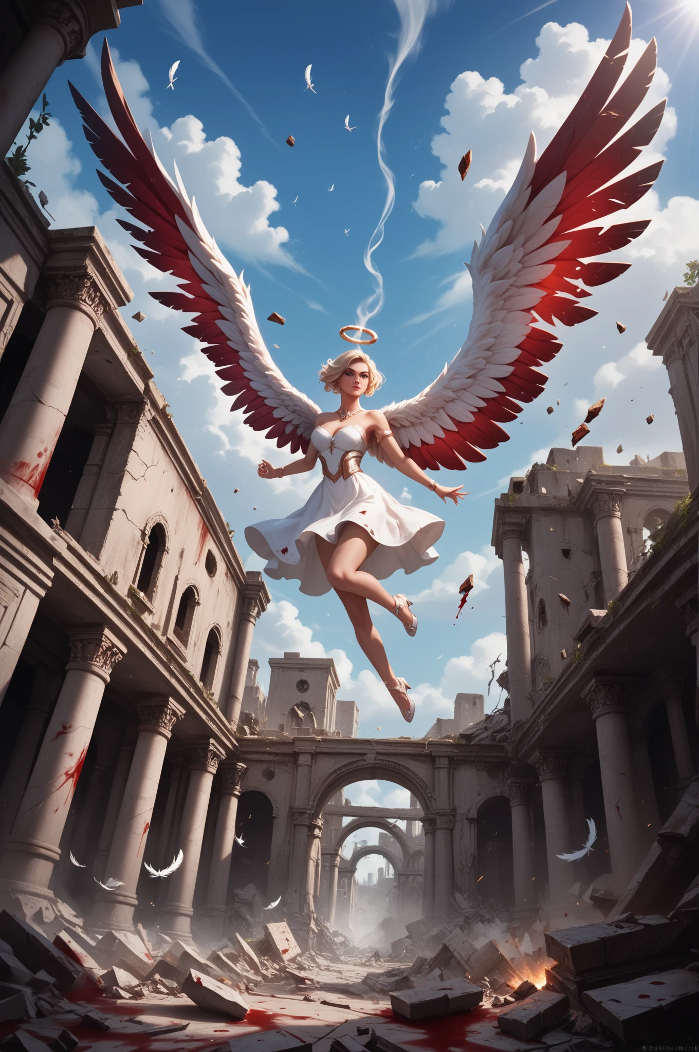 generate an image of an small female elegant angel sculpture in a big abandoned yard. The angel is on the left side and facing towards right. with the sunset background
