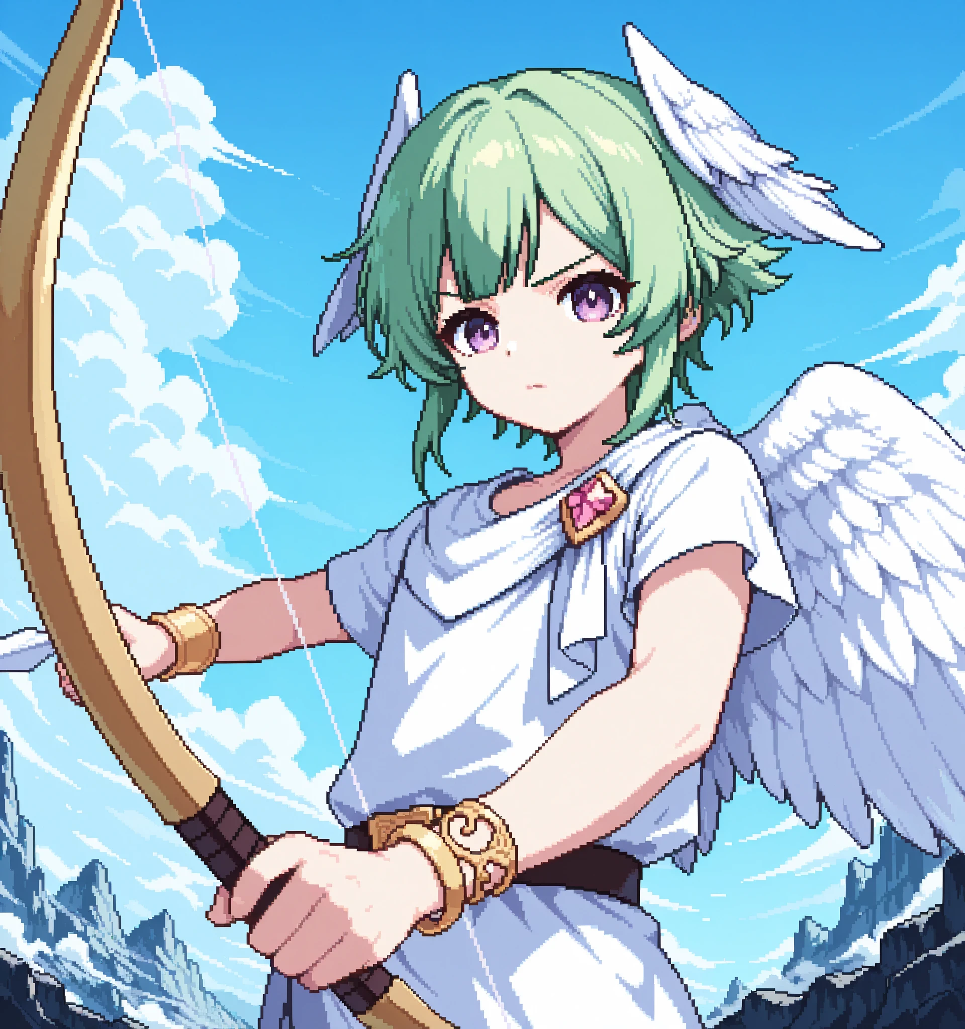 score_9, score_8_up, score_7_up, source_anime, androgynus , solo, pixel art, cupid, 1boy, solo, otoko_no_ko BREAK
Green hair, bangs, purple eyes, young boy BREAK
Greek clothes, white outfit, angel wings, head wings, bracelet, feathered wings BREAK
Looking at viewer, serious face, closed mouth, upper body, portrait, battle stance, looking at viewer, holding weapon, bow_(weapon), outdoors, (rocky landscape), smoke clouds, blue sky, far away mountains