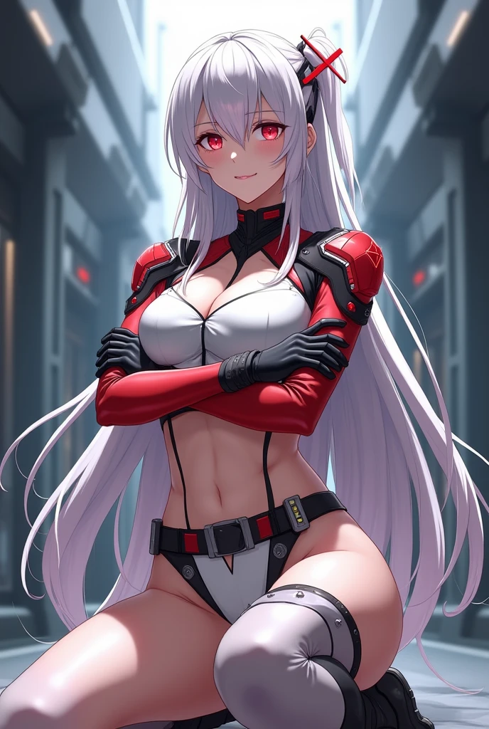1girl, white hair, long hair, red eyes, serious, glowing eyes, large breasts, thick thighs, mature female, athletic  female, toned, leotard, black leotard, thighhighs, belt, knife