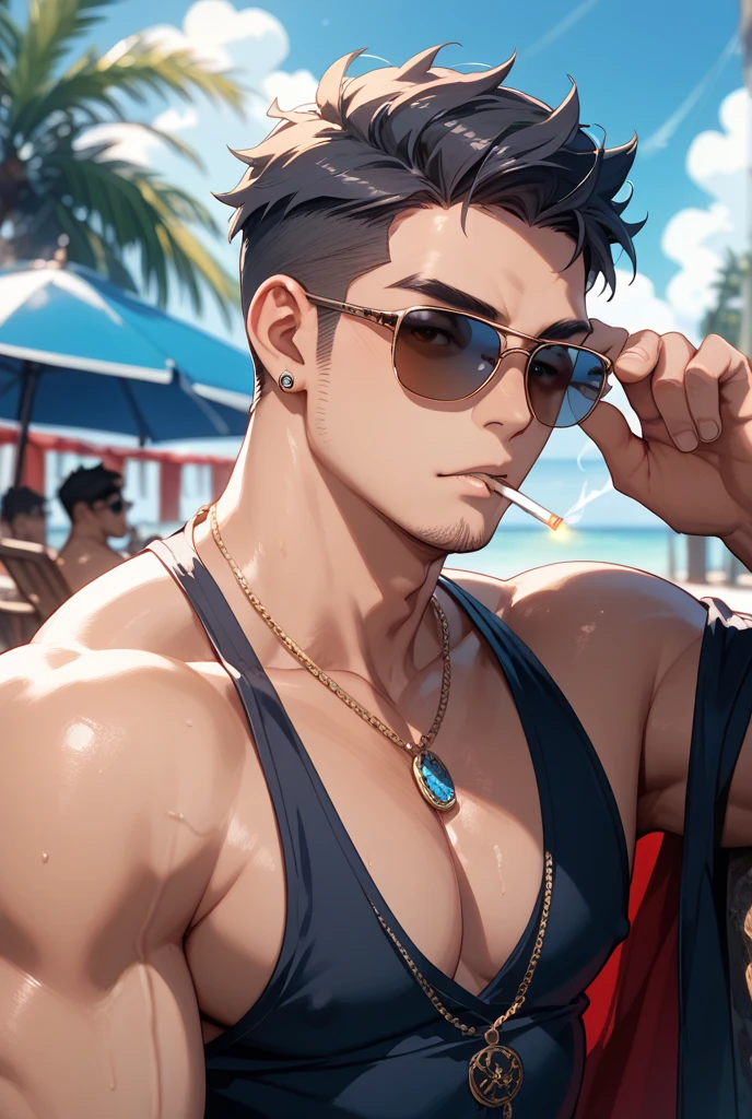 Homem, 21 Anos, Corpo Robusto, Pele Negra Clara, Olhos Verdes Esmeralda, Cabelo cacheado raspado nas laterais e nas costas, Rosto Fino. Sentado embaixo de um Guardo Sol, Have a beach in the background (Obra-prima) round sunglasses, Temples of golden sunglasses. Neck tatoo, The tattoo is of one heart.