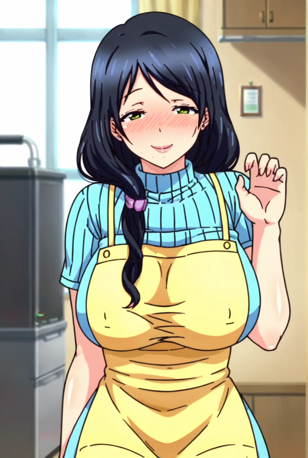 shimizu kiyoko, sweating, big breasts, both hands raised, armpits, armpits visible, dripping with sweat, more more sweat, sweaty armpits, smile