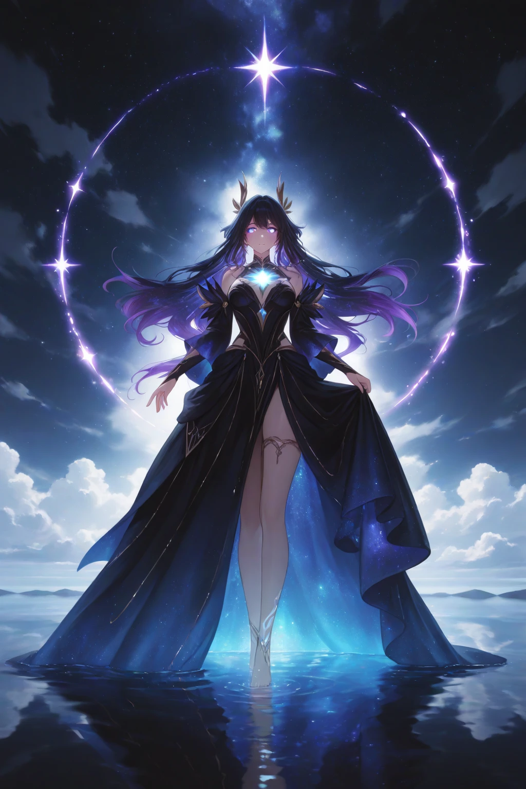 (shylily/(Twich/):1.5),(masterpiece:1.2),(best quality:1.2),(grim Reaper),(Breath of Fire:1.5), gaze, permanent, Watch the audience, full body cloak, (skull embellished robe), A gold skull pendant hangs around the waist, (He wears a golden skull mask on the side of his head), (Armed with a death scythe:1.5), Swim in the mysterious underwater world, Transparent golden glowing golden skeleton, skull boots, Nipple tassels, fire,Phoenix