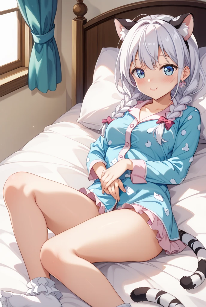 NSFW, silver hair, blue eyes, straight hair, medium size breasts, one adult female, heart shaped eyes, blushing, cute pajamas, cleavage, sexy panties, bed, right hand on , left hand on pussy