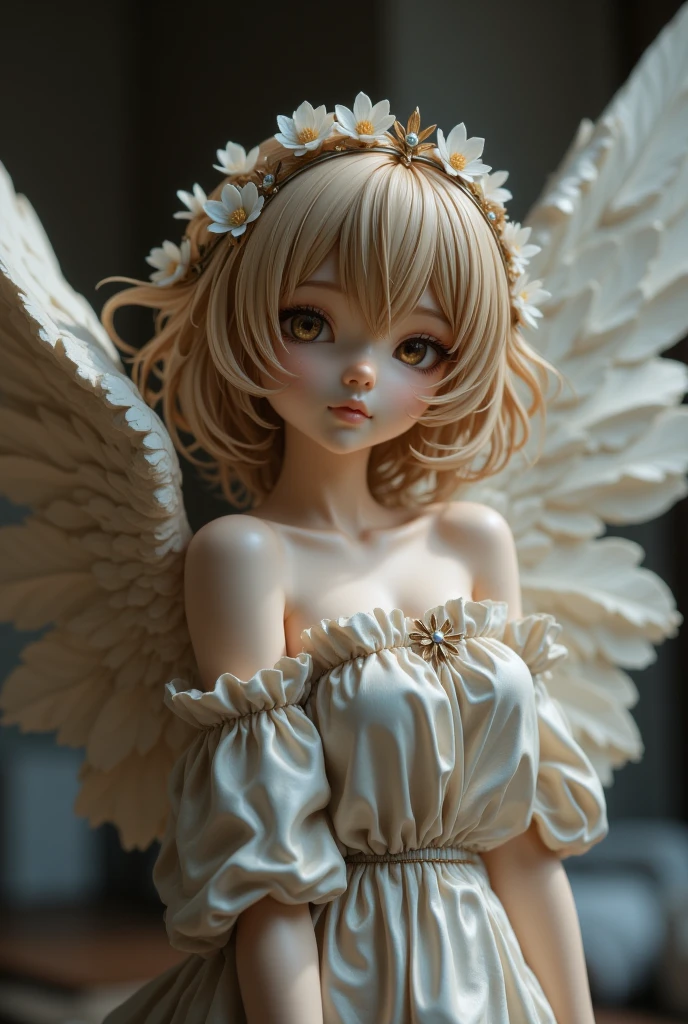Young girl with brown short hair Mullet male asymmetrical haircut. with open ears, deathly pale skin, white gothic vampire shirt, black loose feathers  wings, cool pose wonder model, perfect dentle face,  light Fantasy effect. crystals on the rings. Dance on the beach sea. 