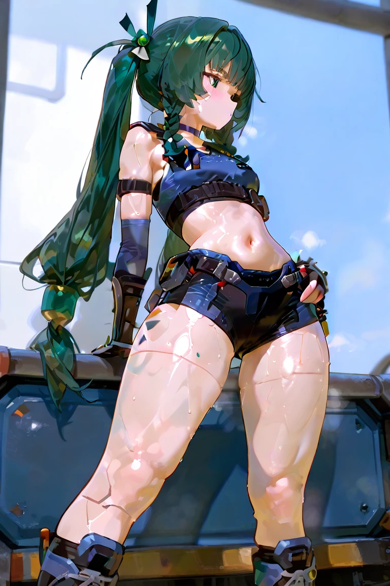 (1 Girl),(high quality), (High resolution), (Very detailed), (8k),(Demolition paperback correct)、Urusei Yatsura、Ram-chan、((sexy leotard))、((Focus on the whole body))、Nipple Shape、((Black knee-high stockings))、Hair messed up by the strong wind、Neutral White Lighting,Sexy pose、On both knees