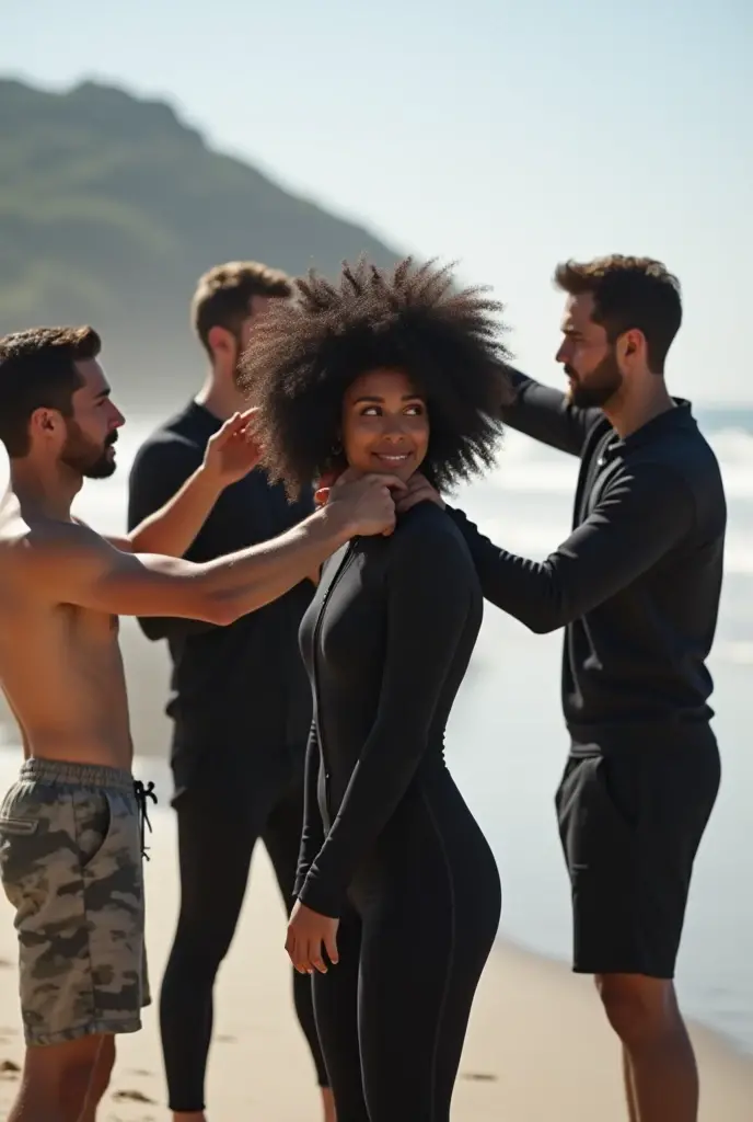 curly black hair on the beach, White skinned, barefoot, woman in black tracksuit. 3 men touching a woman
