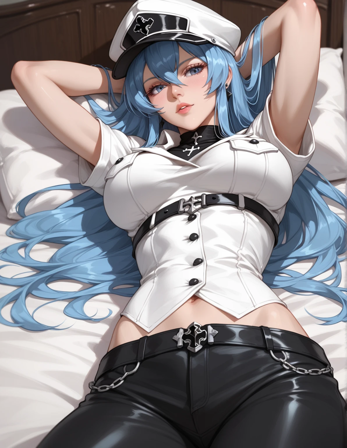(artwork, best quality) a girl with long blue hair, blue eyes, blue eyelashes, white sailor suit with captain's hat, big breasts, perfect body, beautiful eyes, good waist, tattoo, bare legs, upset, (spectacular image), sitting on a sofa in a living room of a house