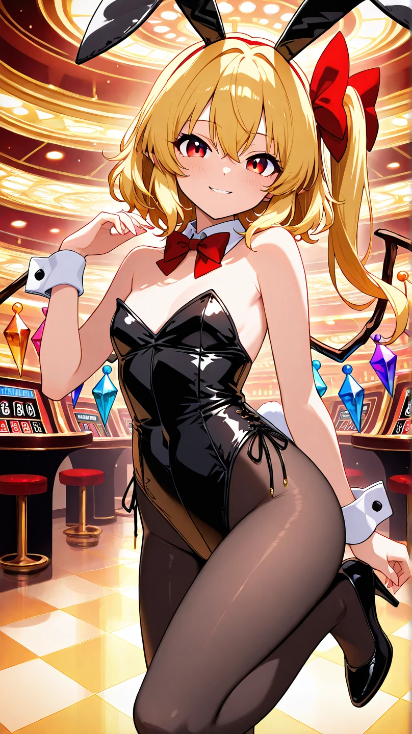 Surrounded by many men,masterpiece, Highest quality, High resolution, HS1, Red eyes, Yellow Eyes, Side Ponytail, x Hair accessories,Pink is good,Hair Ribbon,Black Playboy Bunny, hair band, Bunny ears,Fishnet tights,casino,True Face, ((squat, Spread your legs)),Raise your arms, Put your arms behind your head,