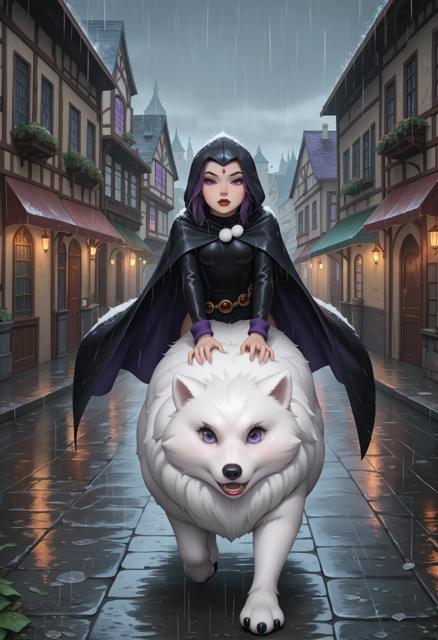 rachel roth, colored skin, grey skin, purple hair, medium hair, forehead jewel, purple eyes, small breast, huge hips, dark red lips.| score_9, score_8_up, score_7_up, fantasy rogue, dressed in dark leather clothes, a black cloak and hood draped upon her, face almost hidden under hood, standing almost hidden in a dark alleyway of a medieval town, raining, masterpiece, best quality, amazing quality, cloak , hood , hood up , hand on hood, Villagedarkmb, Outdoors, scenery, building,  (((big white Samoyed))) , (((riding big white Samoyed))) , plain , samoyed focus , (from above) , Running , full body 
