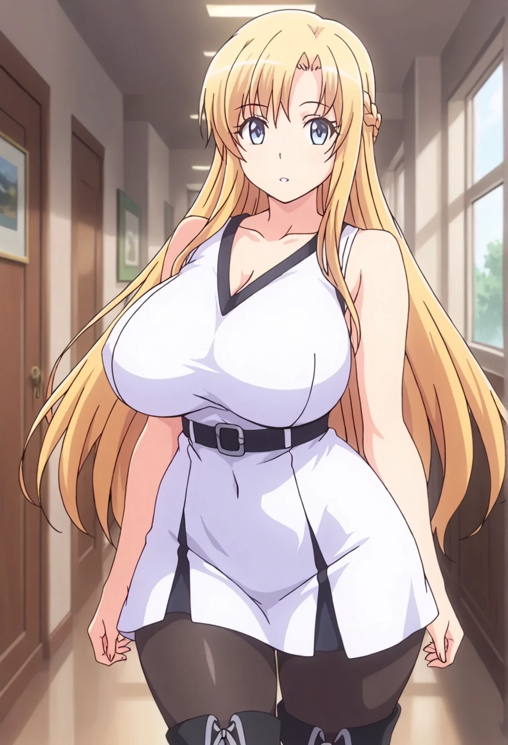 (Highest quality:1.5, High resolution, 超High resolution, 4K, Detailed lighting, Shaders, Perfect Hand Anatomy), Blonde Straight Hair, Big Breasts, Nurse uniform, Cleavage, Thighs, smile, throw, Close-up shot, Are standing, Hospital Background